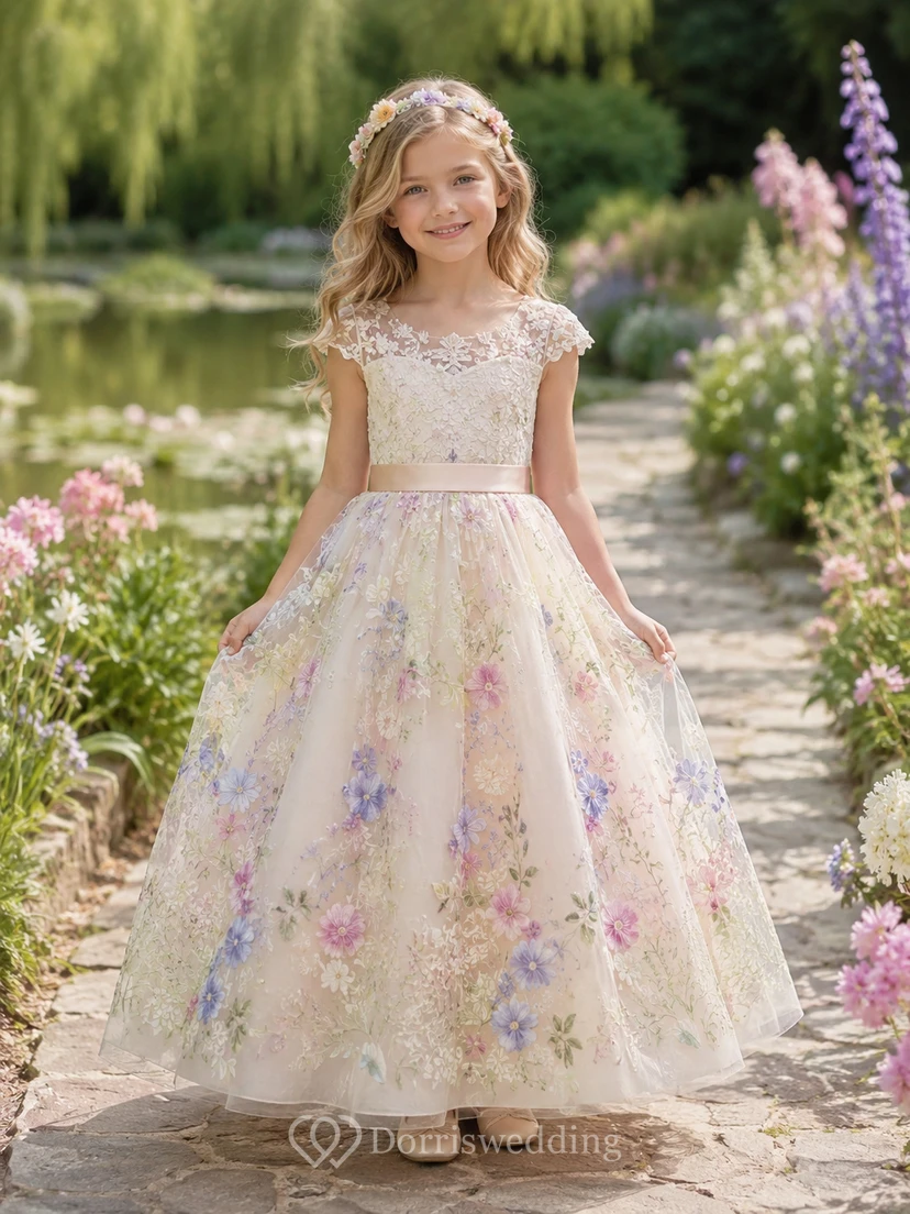 Vestido de niña de flores color marfil con bordado floral multicolor, mangas cortas de encaje, falda de tul acampanada hasta el suelo y cinturilla de satén color rosa pálido.