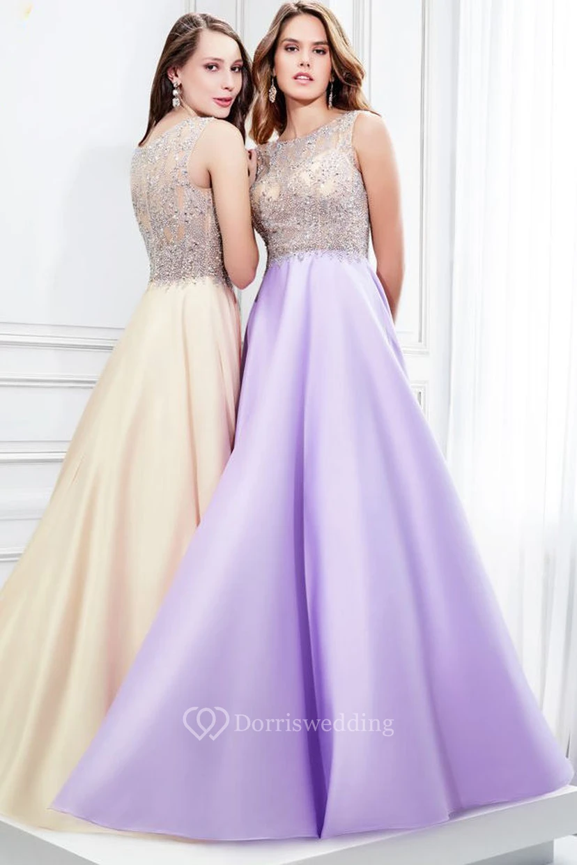 A-Line Sleeveless Scoop Neck Beaded Satin Prom Dress With Illusion Back