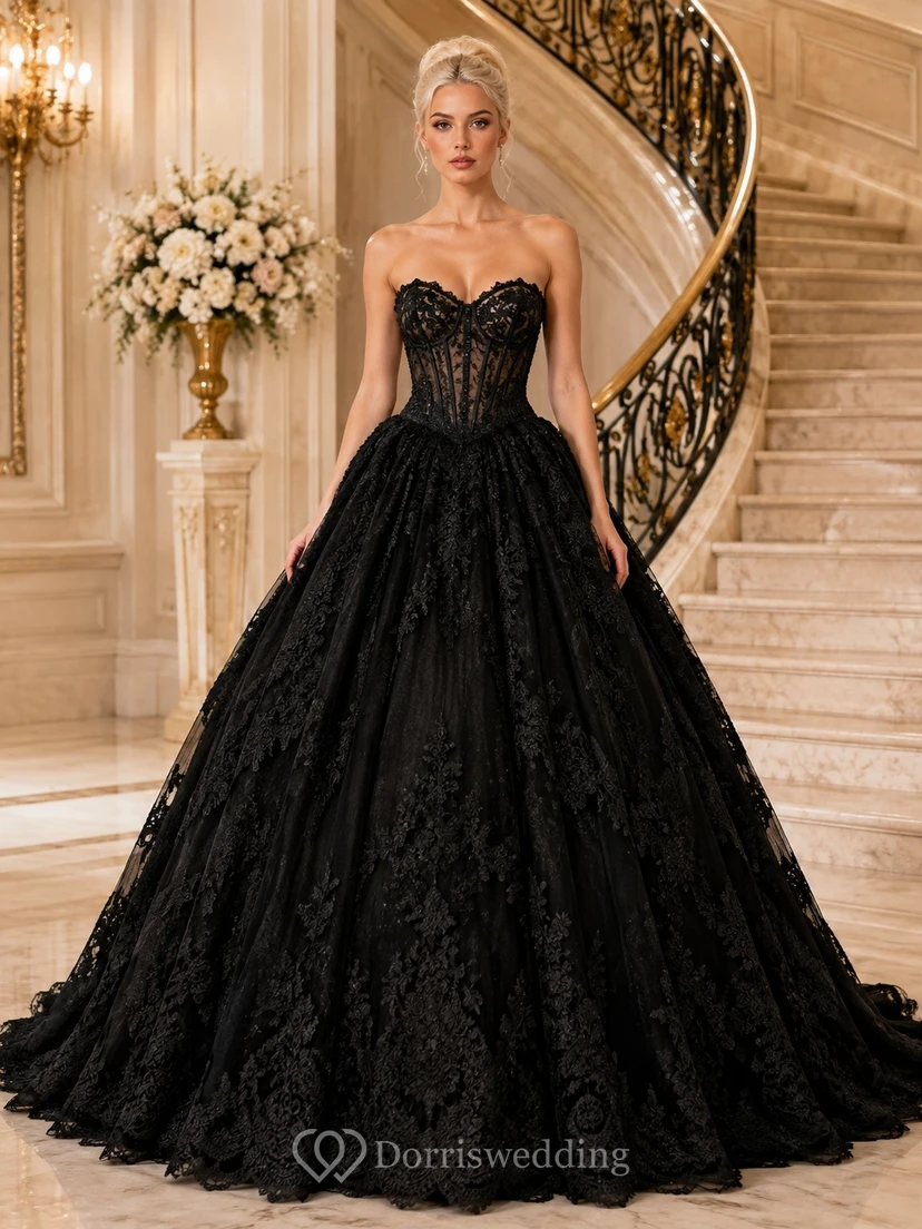 Black Lace Sweetheart Tulle Ball Gown Floor-length Evening Dress