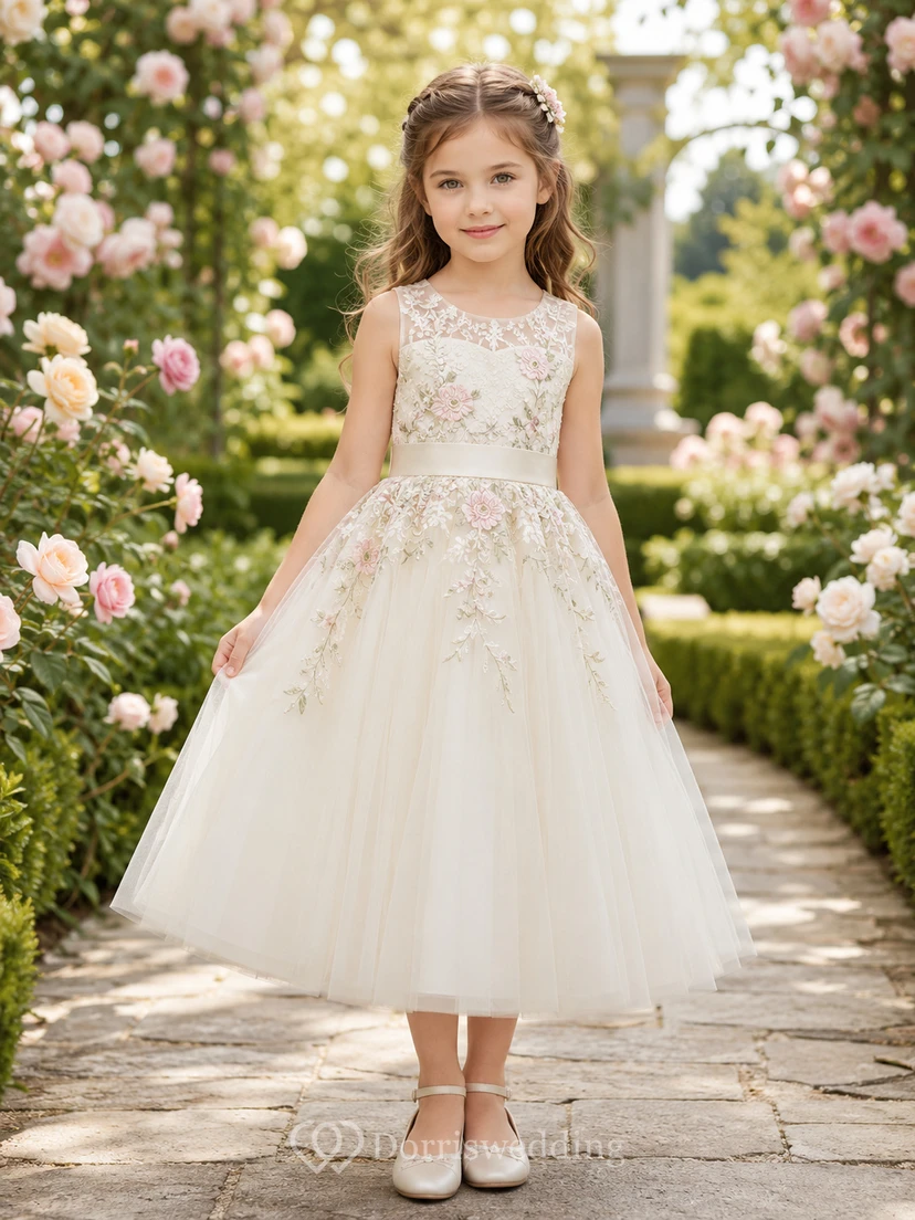 Vestido de niña de flores de corte A para jardín de primavera con mangas cortas, corpiño de encaje floral, tul hasta la rodilla, cintura natural, estilo jardín de primavera