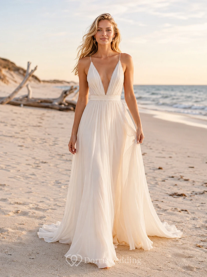 Vestido de novia de gasa para playa, corte en A, tirantes finos, largo hasta el suelo, espalda baja en V.