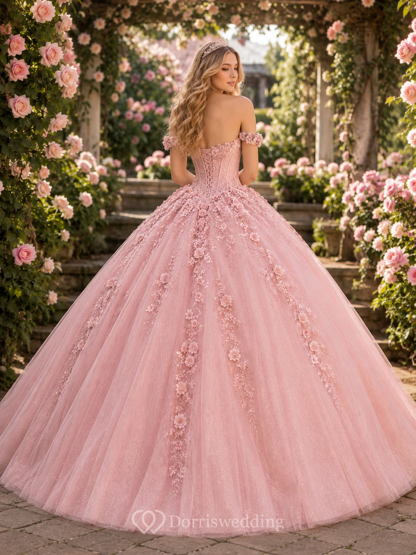 Vestido de quinceañera rosa con apliques florales y hombros descubiertos. view 2