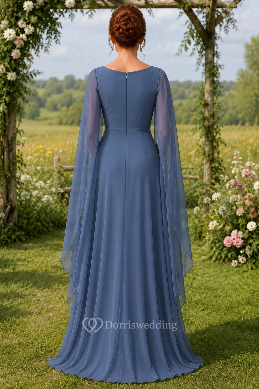 Stahlblaues A-Linien-Kleid aus Chiffon mit U-Boot-Ausschnitt und langen Ärmeln view 2