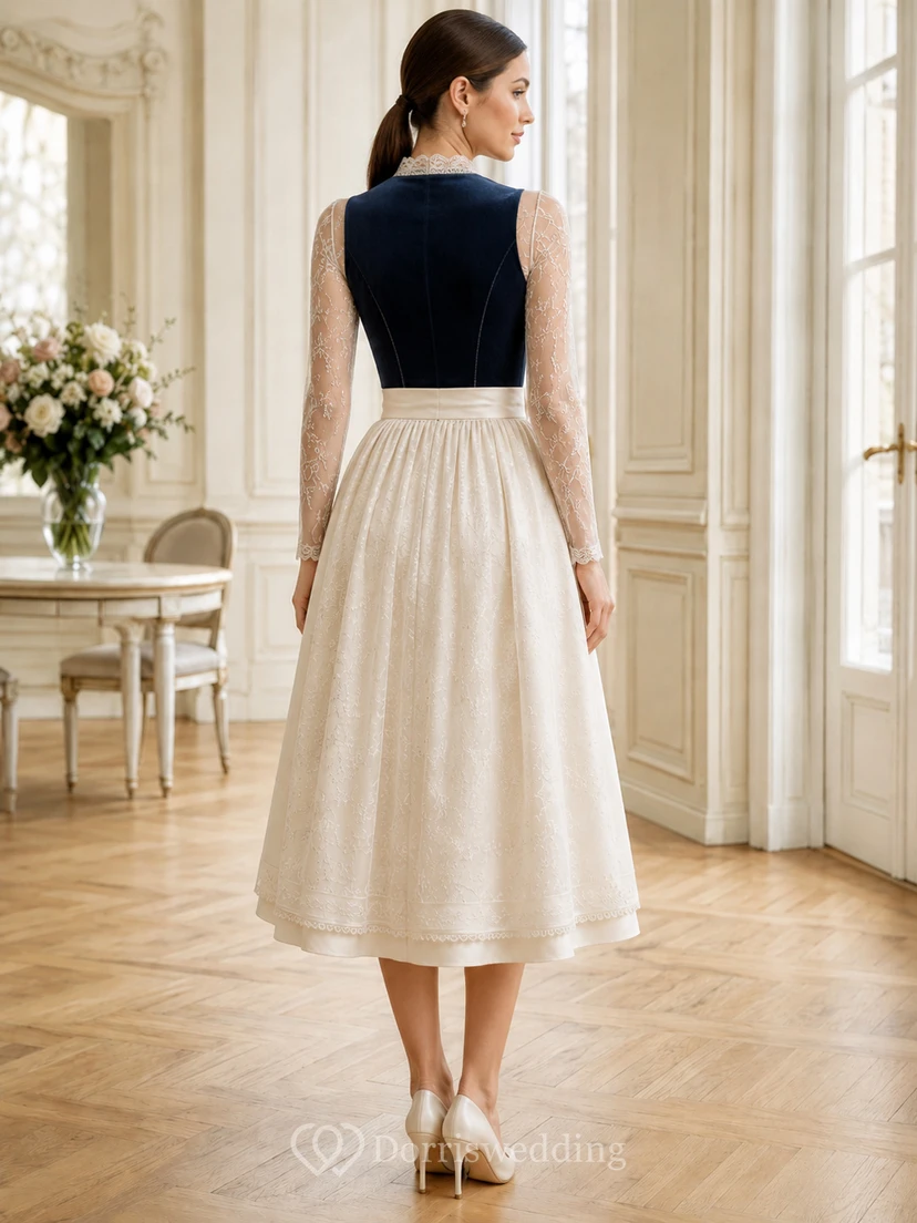 Robe de mariée noire modeste Dirndl à col carré et manches longues en dentelle illusion pour un mariage de style thé view 2