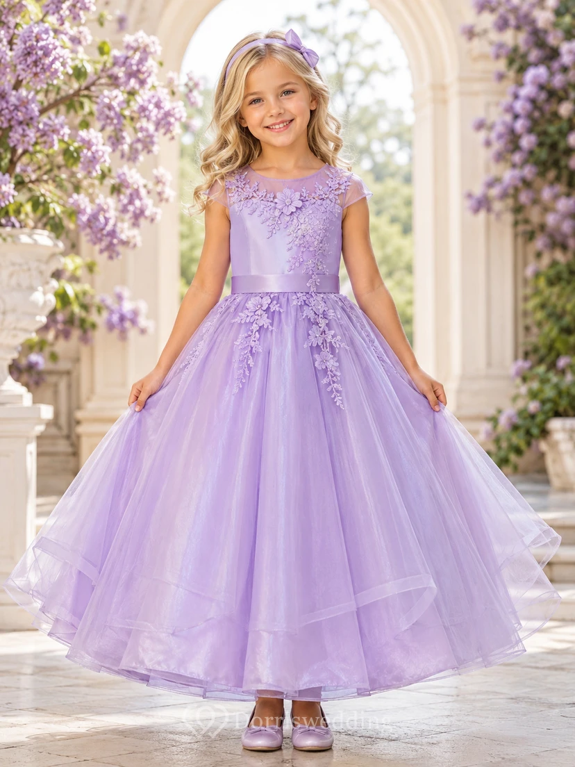 Flower Girl Dress A-Line Lavender Floral Tulle Cap Sleeve Formal Garden