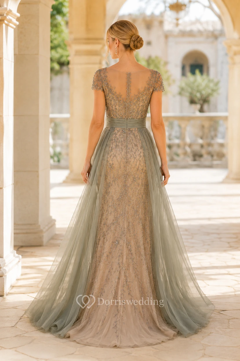 Robe de soirée fourreau en dentelle perlée à manches courtes couleur sauge avec surjupe en tulle view 2