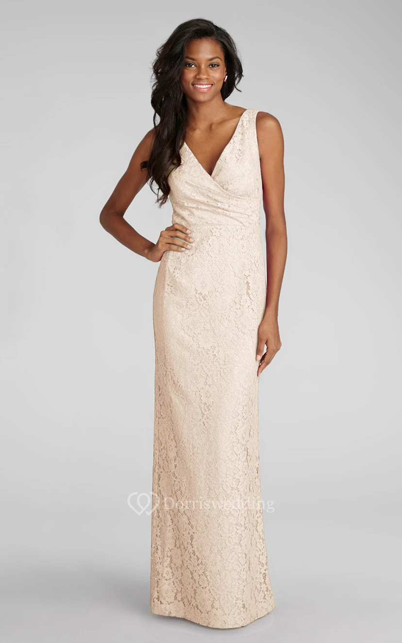 Impressive Sheath Floor-length Lace Dress with V-neck and Criss Crossed Ruching  view 3