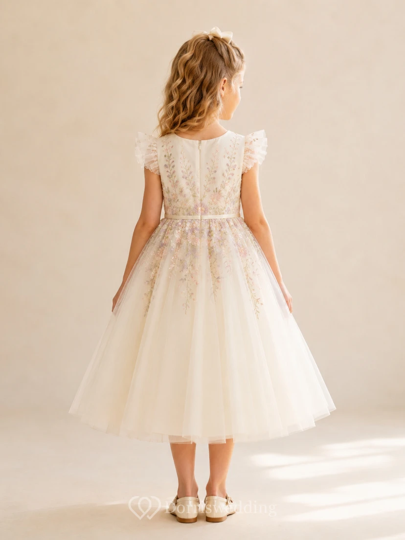 Tulle A-Line Flower Girl Dress with Jewel Neck, Tea-Length Skirt and Pleated Skirt view 2