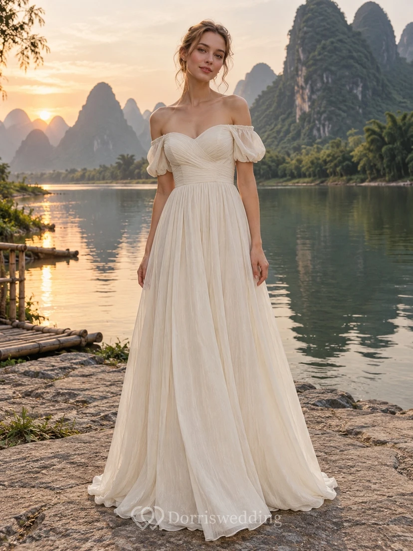 Simple Off Shoulder Sweetheart Puff Sleeve A Line Wedding Gown