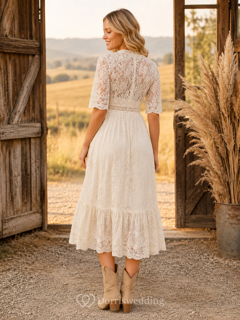 Lace Three Quarter Sleeve Country Reception Midi Dress view 2