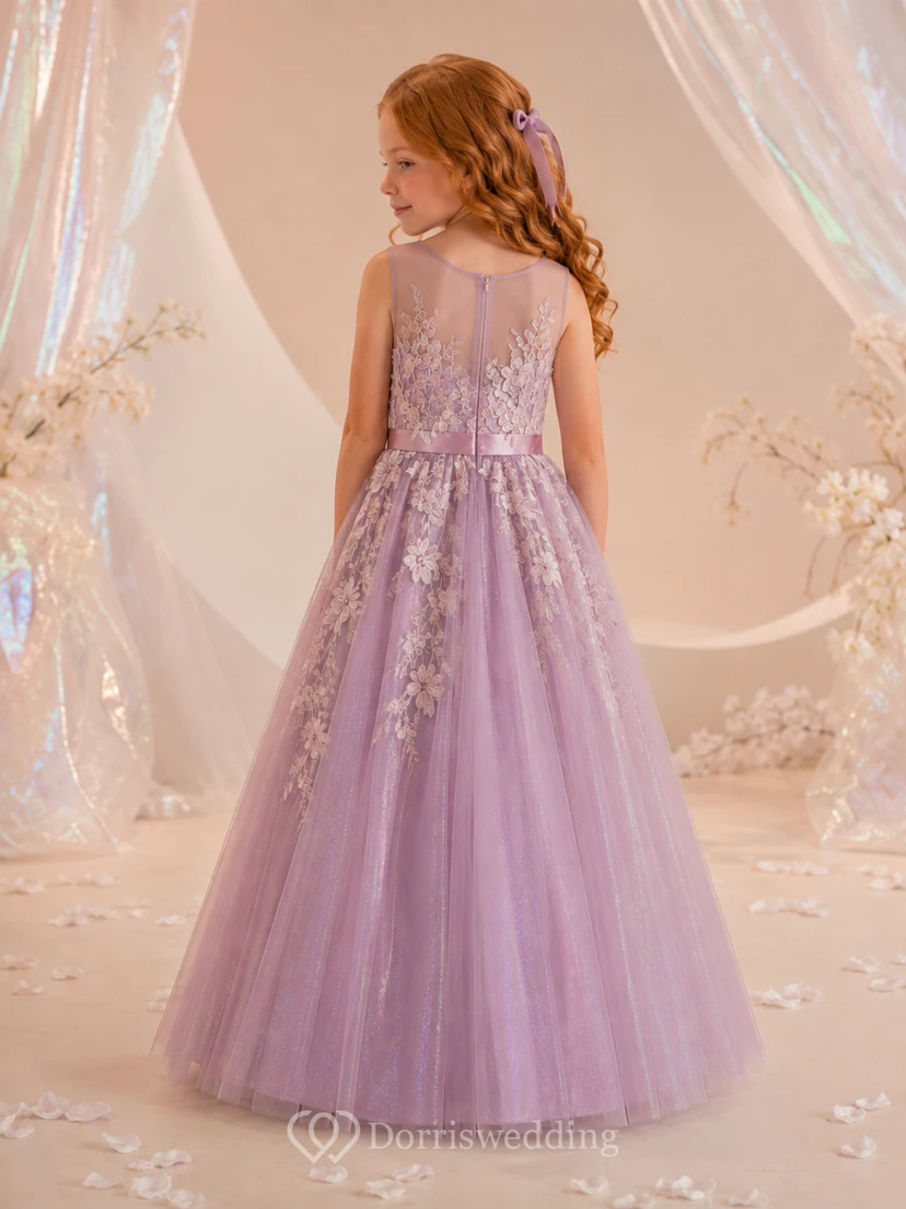 Flower Girl Dress A-Line Mauve Floral Tulle Sleeveless Formal Garden view 2