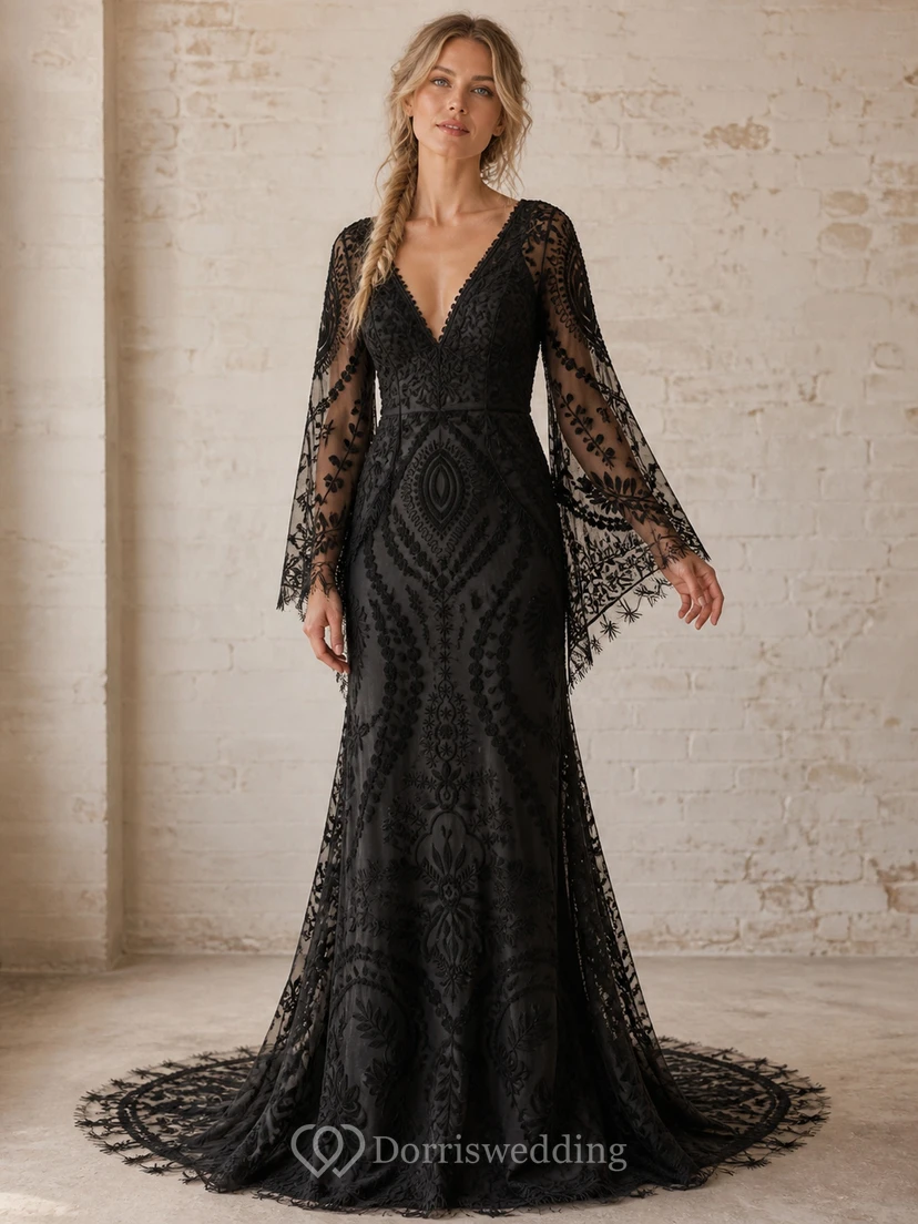 Vestido de noche largo hasta el suelo, negro, estilo bohemio, con estampado gráfico, escote en V y mangas largas, estilo sirena.