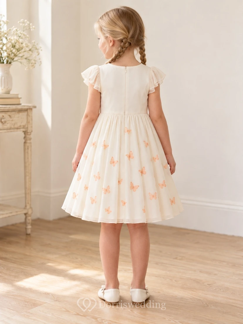 Schlichtes, dezentes elfenbeinfarbenes knielanges Chiffonkleid mit juwelenbesetzten Lagen, flatternden Ärmeln und pfirsichfarbenem Schmetterlingsmuster, weit gerafft. view 2