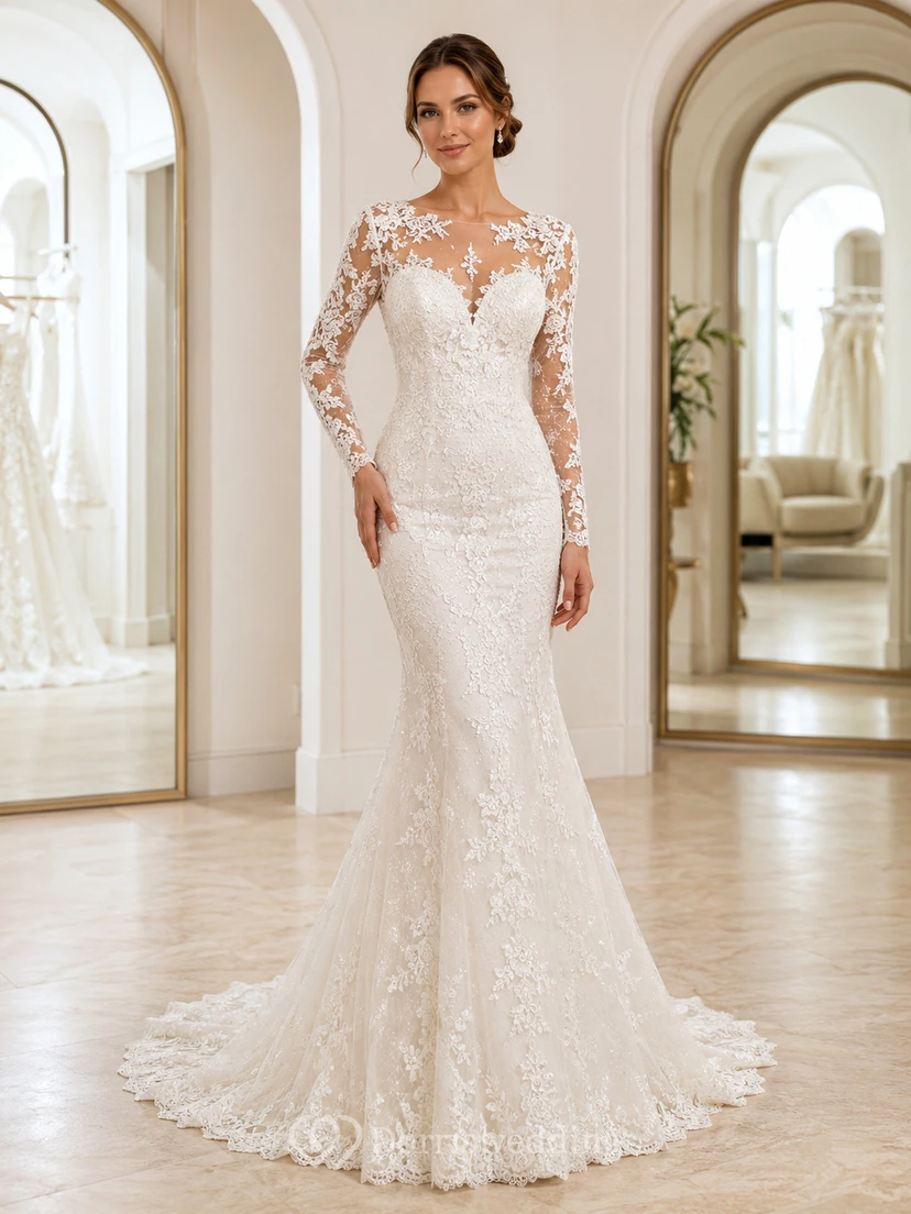 Vestido de novia romántico de encaje con cuello alto, escote corazón, forro, corte sirena y cola larga hasta el suelo.