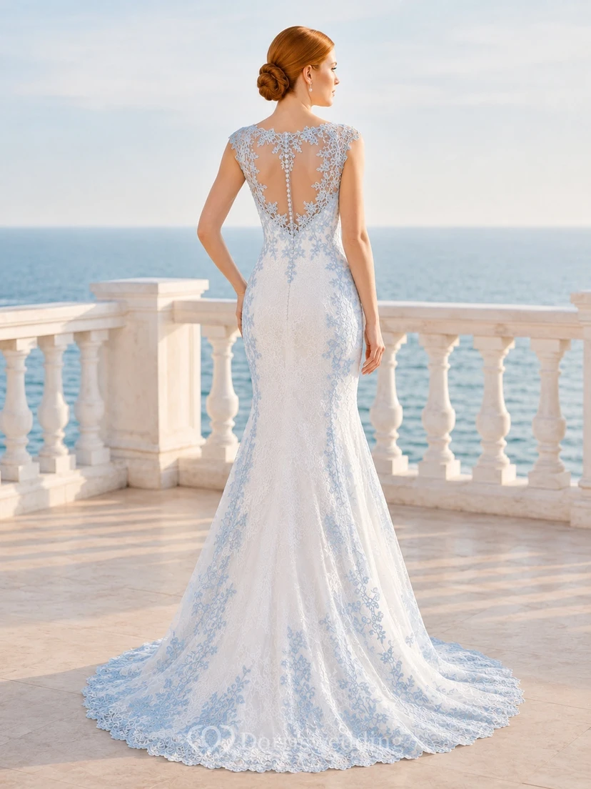 Himmelblaues, elegantes Brautkleid im Meerjungfrauenstil mit Muschelsaum, juwelenbesetzten Kappenärmeln und Spitze view 2