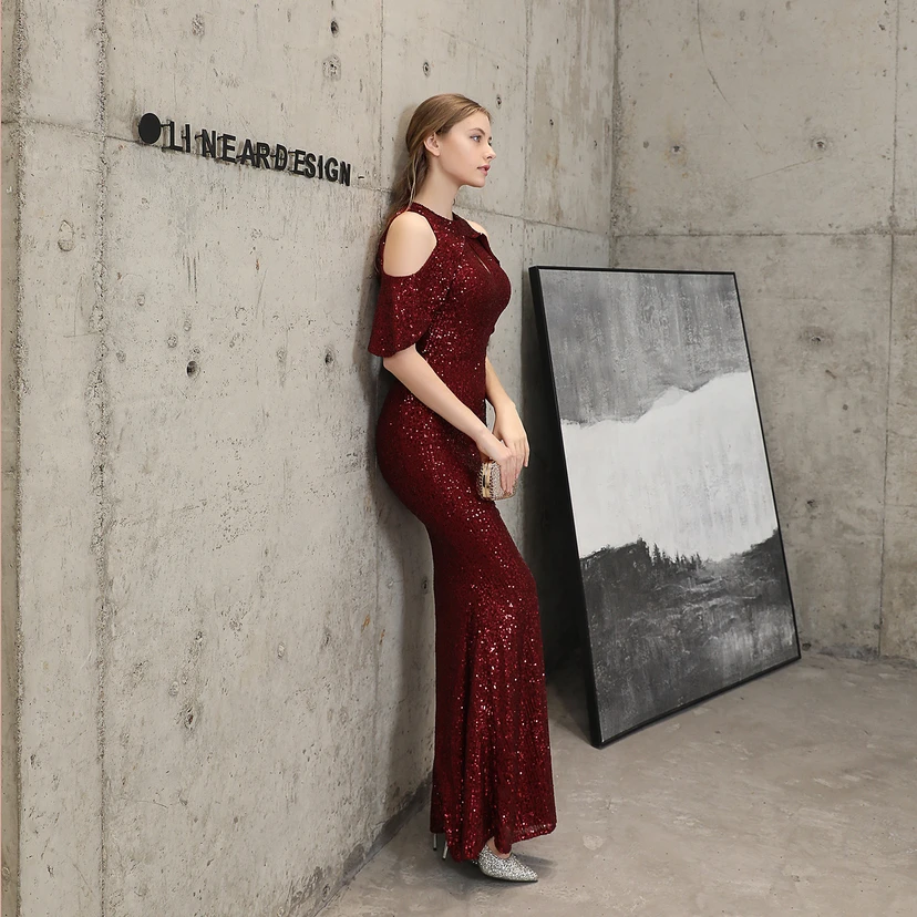 Banquet Temperament Elegant Long Short-Sleeved Sequin Aura Queen Fishtail Evening Dress view 12