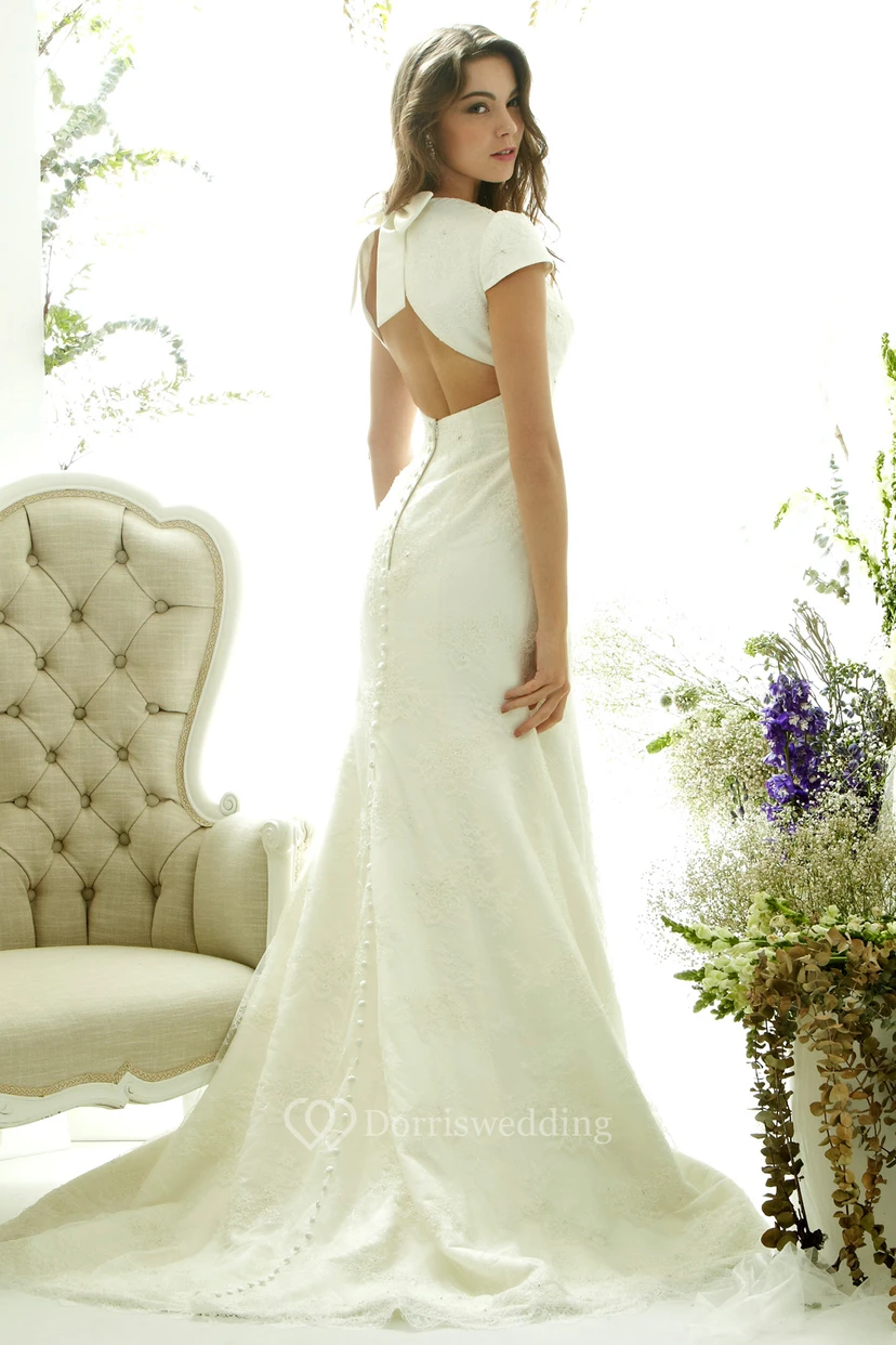 Floor-Length Bowed Cap Sleeve Scoop Neck Lace Wedding Dress view 4