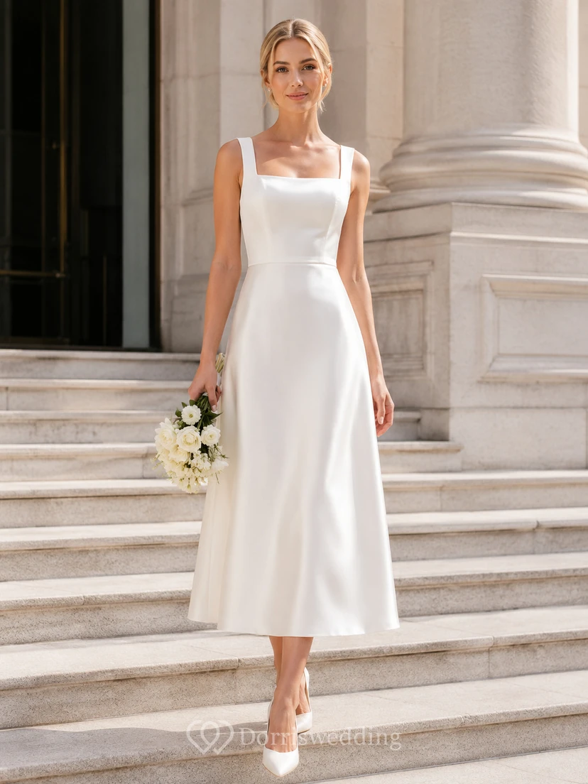 Vestido de novia midi de corte A con escote cuadrado y satén, estilo juzgado.