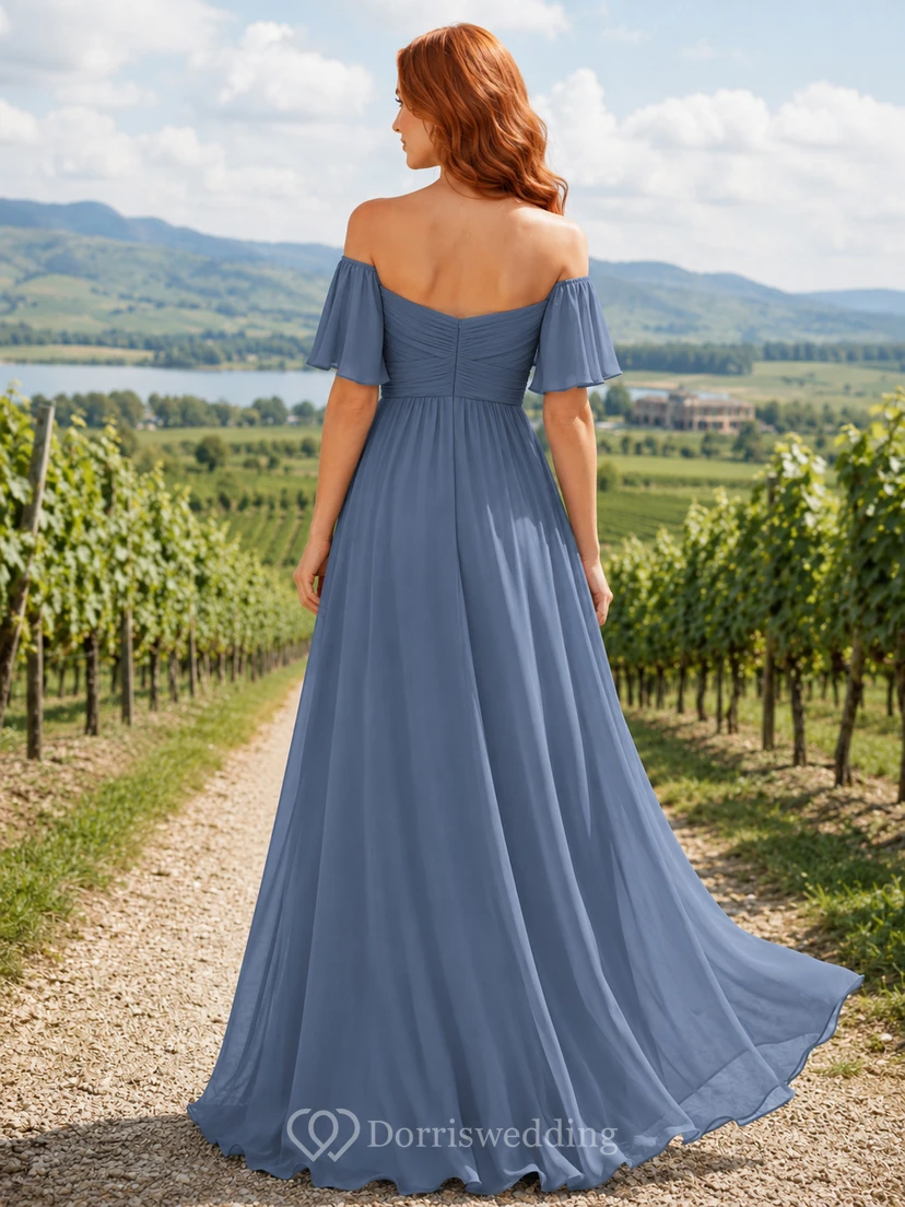Steel Blue Chiffon A-Line Off-Shoulder Sweetheart Flutter Sleeve Pleated Zip Back Floor-Length Bridesmaid Dress view 2