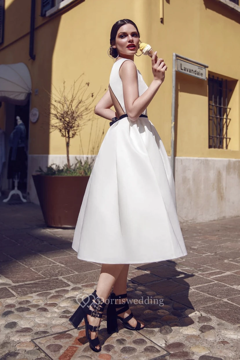 Sleeveless Tea-length Vintage Satin Wedding Dress With Keyhole Back And Ruching Details view 2