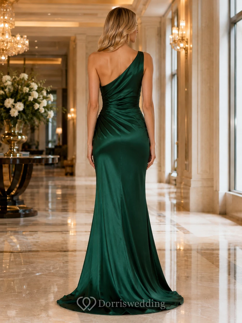 Dark Green One Shoulder Satin Gala Dinner Gown view 2