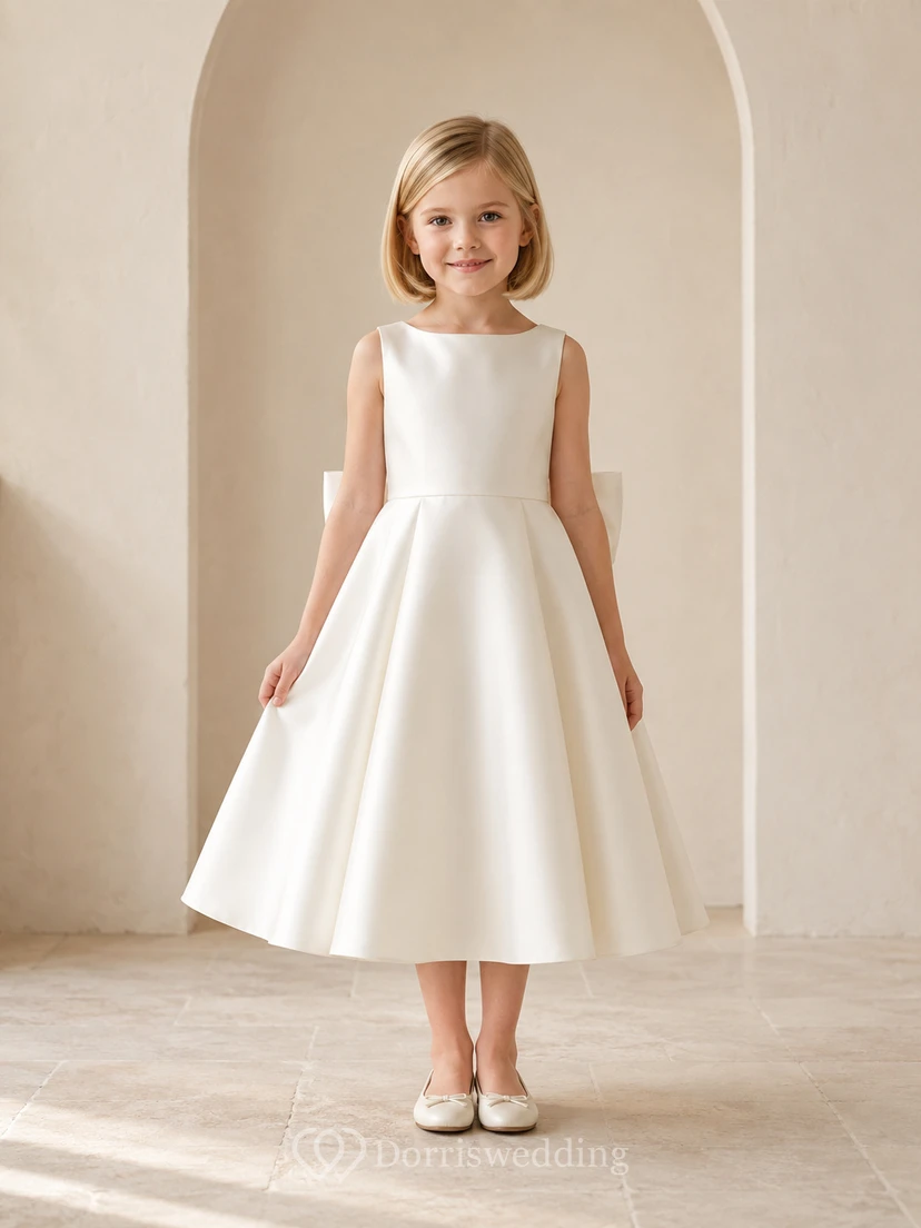 Blumenmädchenkleid aus elfenbeinfarbenem Satin, A-Linie, Rundhalsausschnitt, Teelänge, Schleifendetail