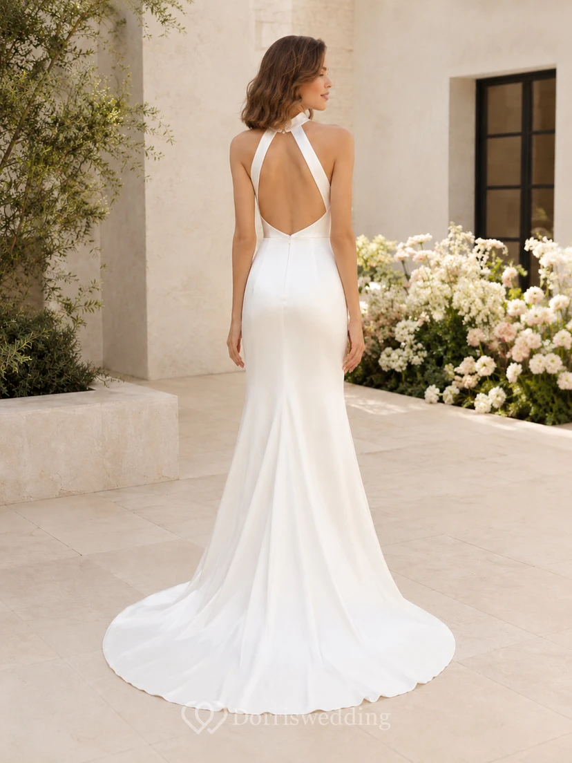 Modern Halter Neck Satin Wedding Sheath Sleeveless Court Train Open Back view 2