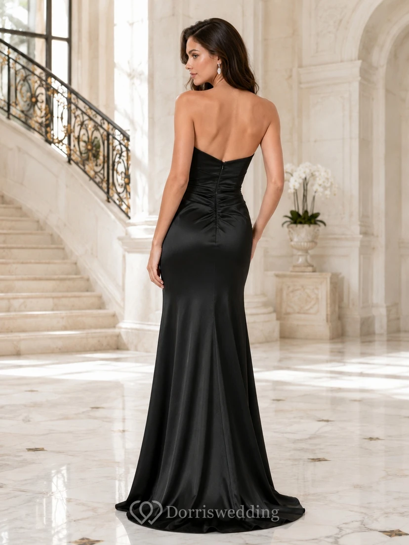 Black Strapless Satin Sweetheart Sheath Slit Sweep Train Evening Gown view 2