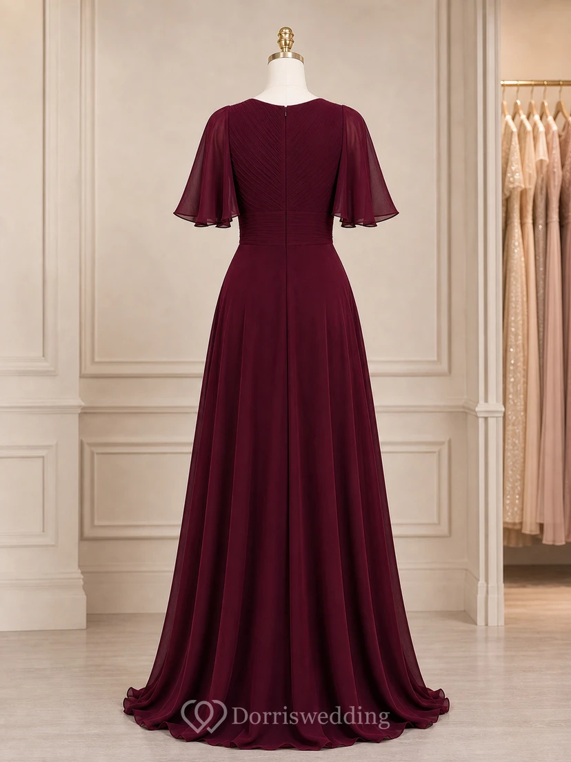 Vestido de noche de corte A de gasa color burdeos discreto con mangas acampanadas view 7