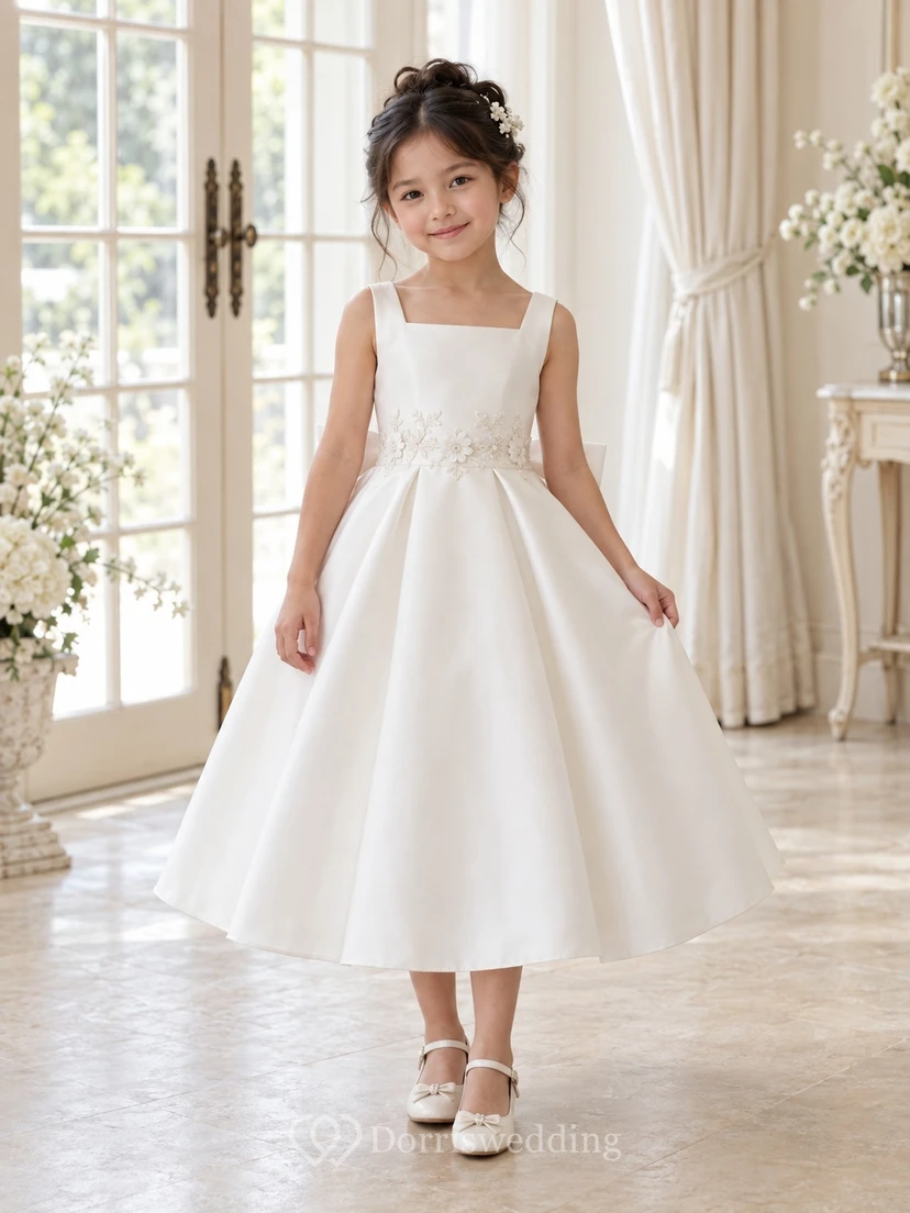 Vestido de niña de flores blanco de satén, largo hasta la rodilla, con escote cuadrado, corte en A, sin mangas, plisado y doble lazo.