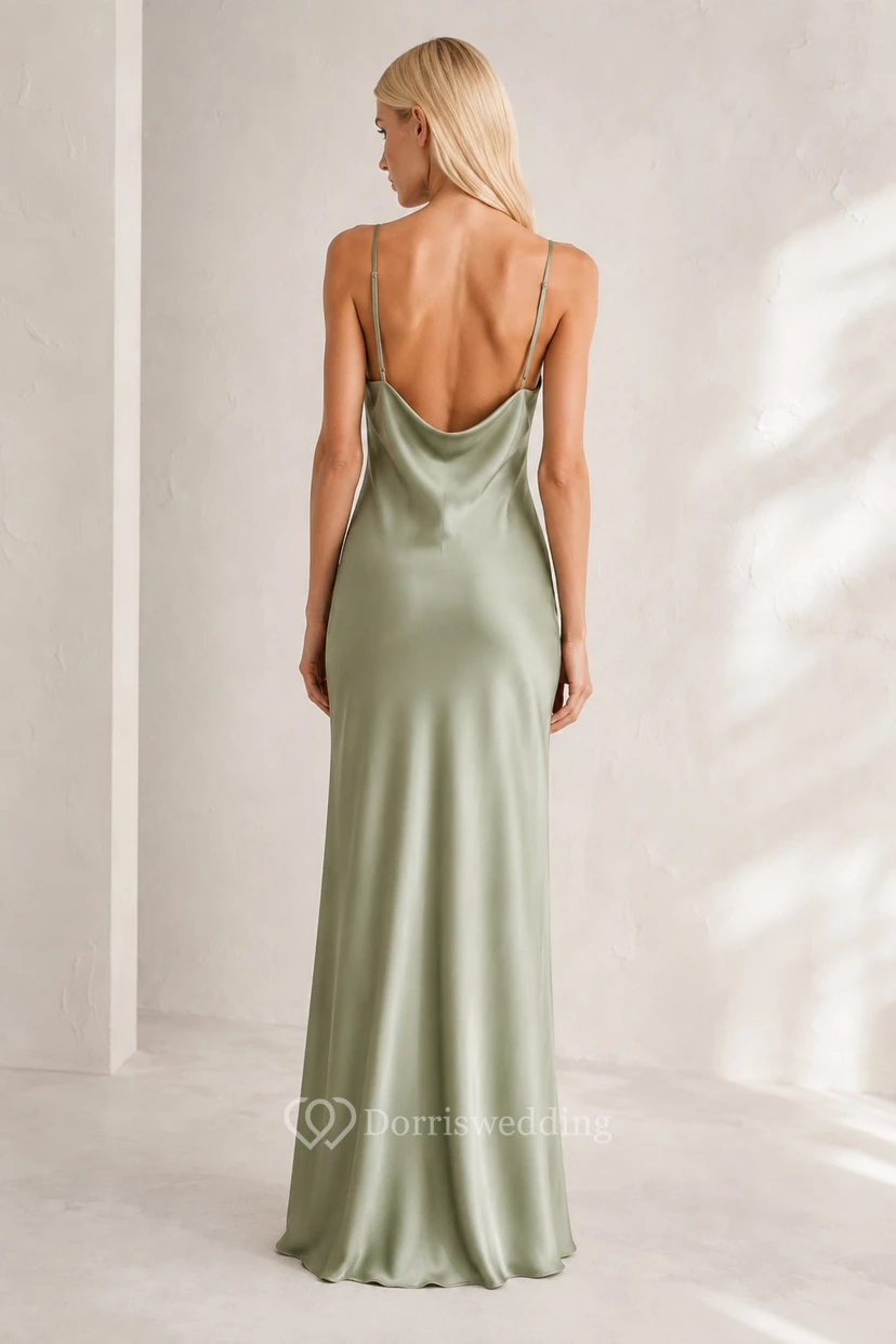 Sage Cowl Neck Satin Sheath Formal Dress view 2