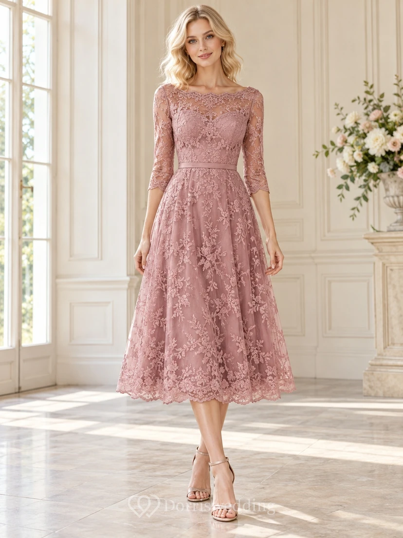 Tea-length Dusty Rose Bateau Three-Quarter Lace Wedding Guest Dress