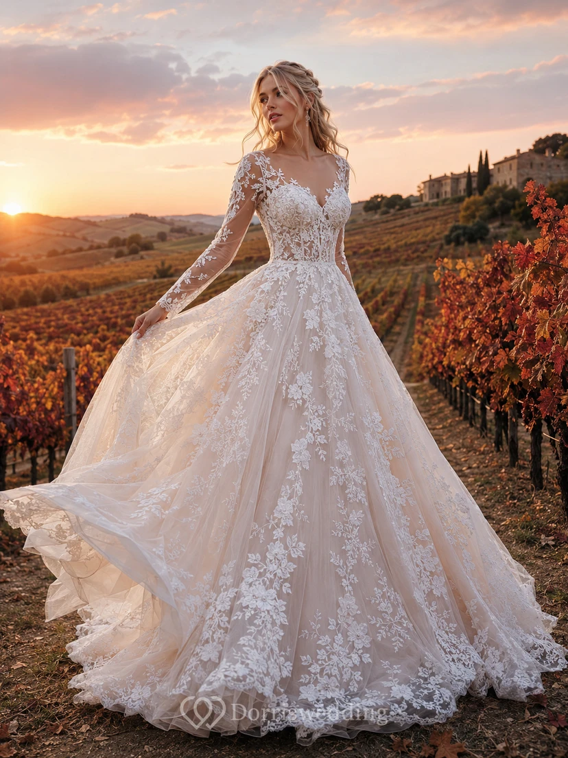 Fall Vineyard Lace Sleeve Ball Gown Wedding Dress