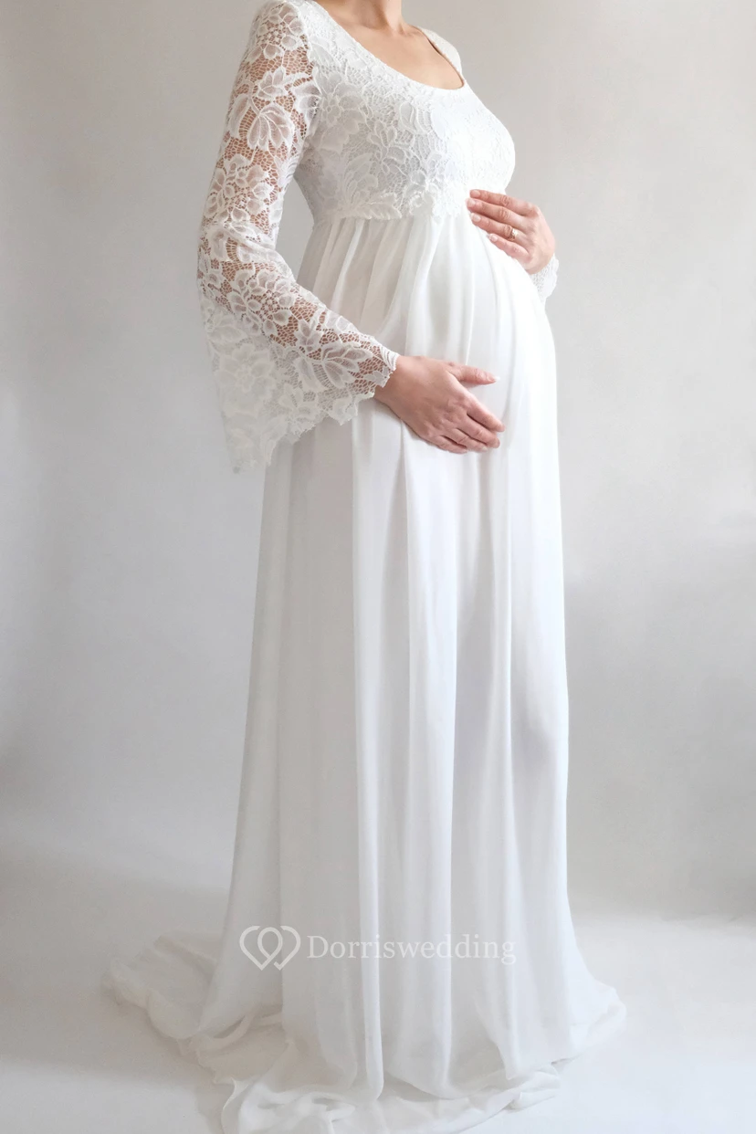 Robe de mariée empire en mousseline, manches longues, style simple/décontracté, taille haute et traîne. view 4
