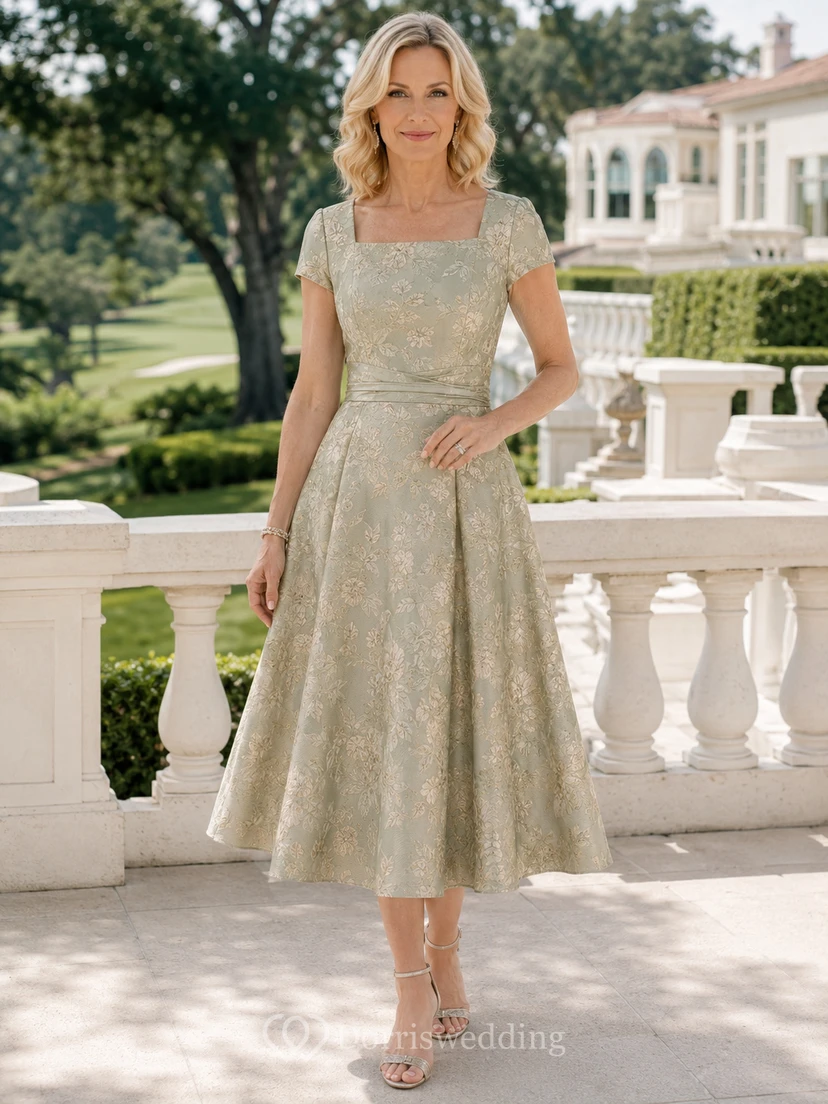Robe de mère mi-longue à manches courtes en jacquard floral doré clair