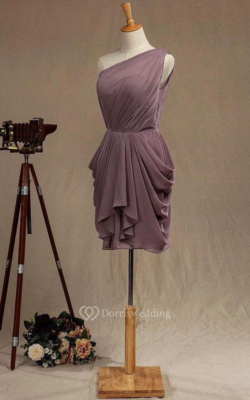 One Shoulder Dropped Knee Length Chiffon Dress With Pleats view 2