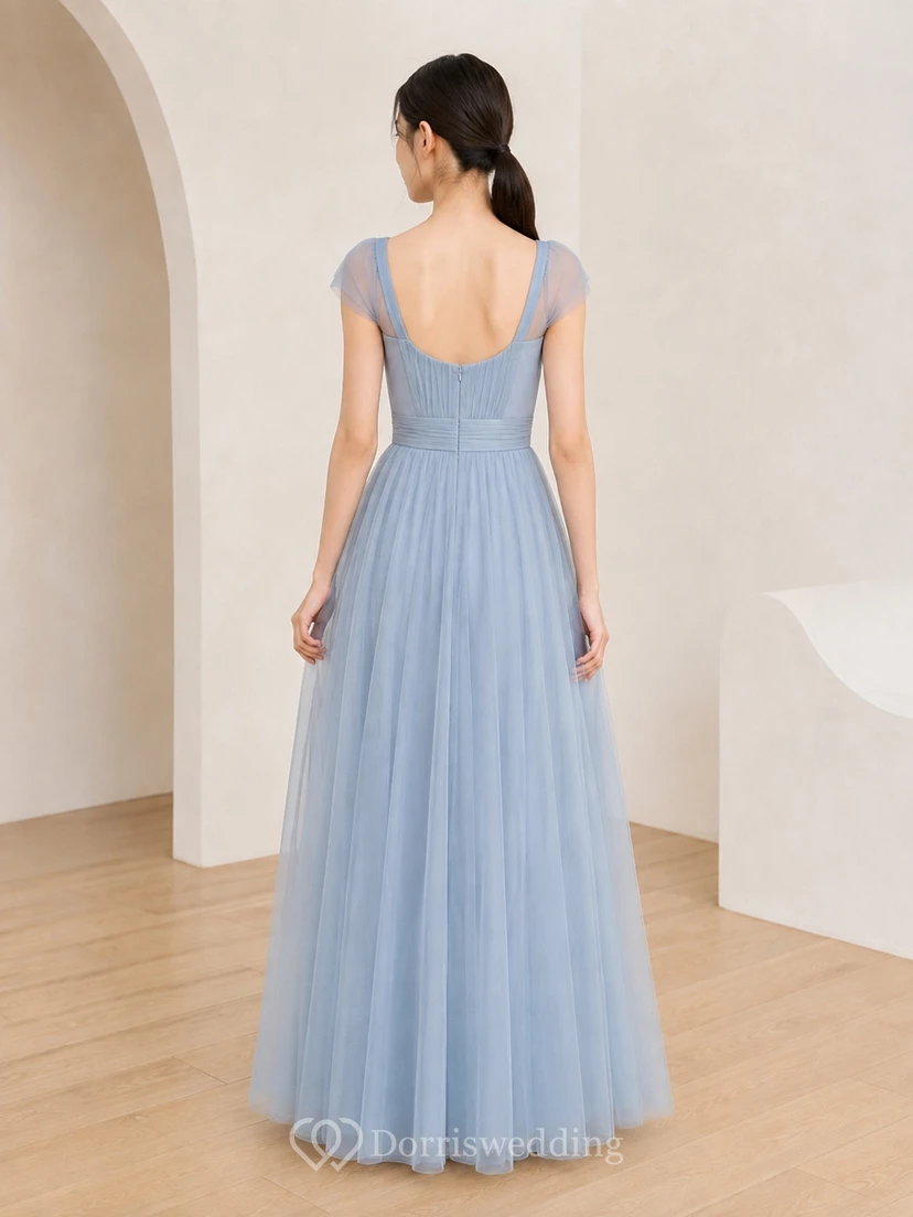 Vestido de dama de honor juvenil azul cielo, corte en A, manga corta cuadrada, malla elegante view 2