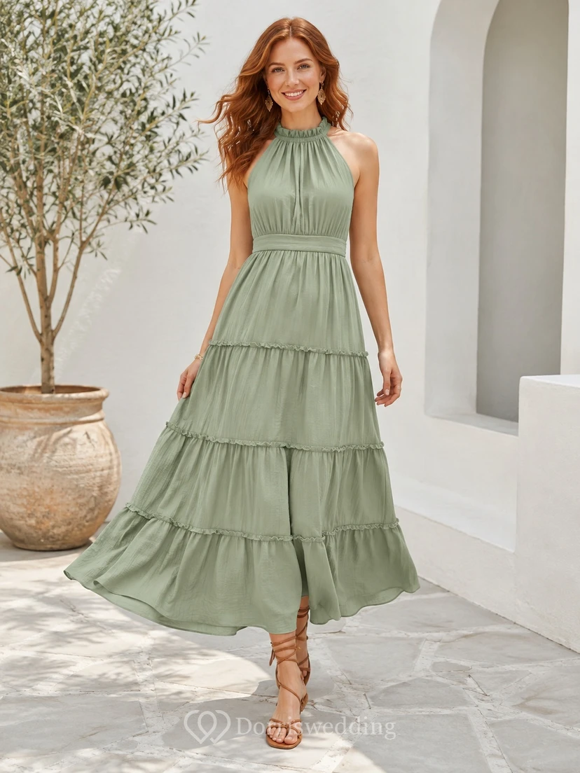 Sage Green Tiered Halter Sleeveless Chiffon A-line Ankle-length Bohemian Garden Dress