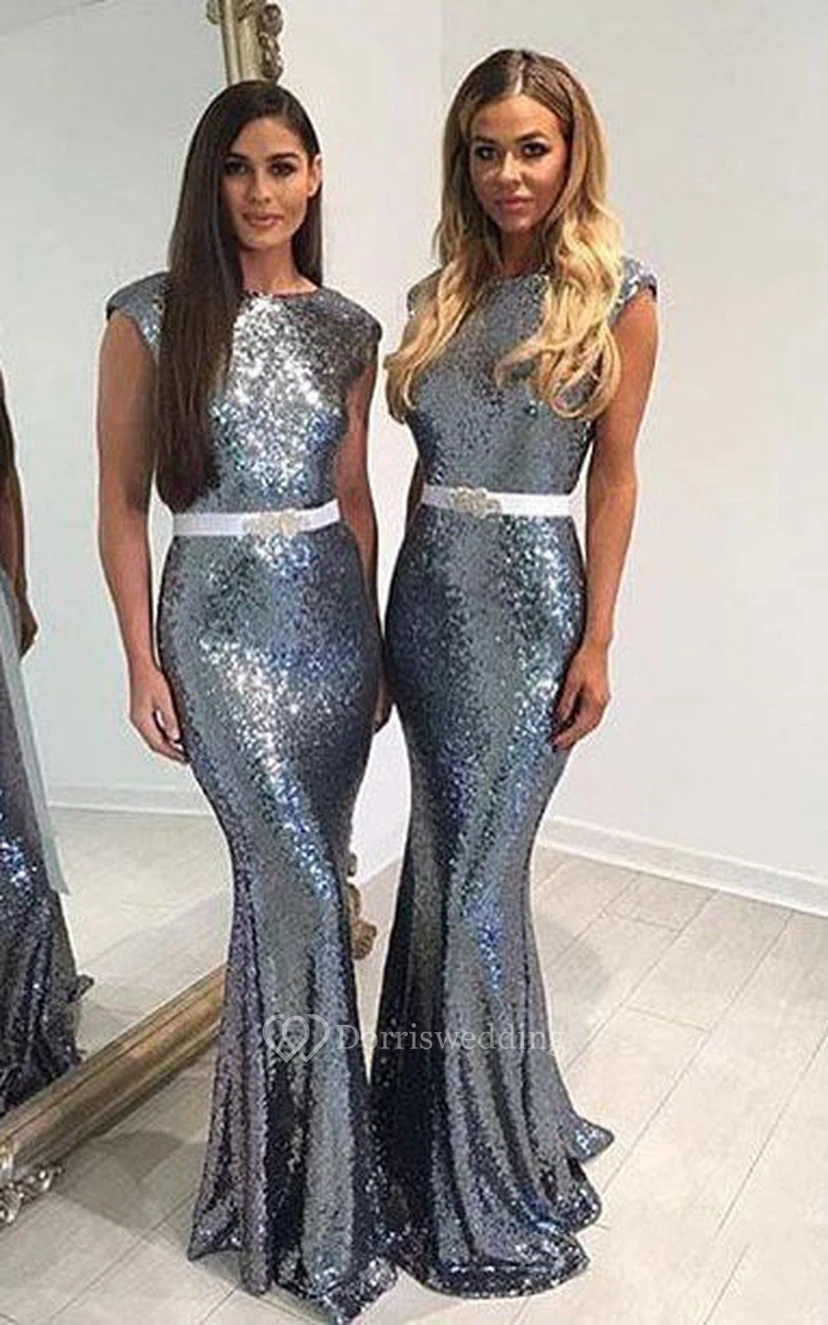 Mermaid Jewel Sleeveless Bell Cap Pleats Brush Train Backless Sequins Dress view 3