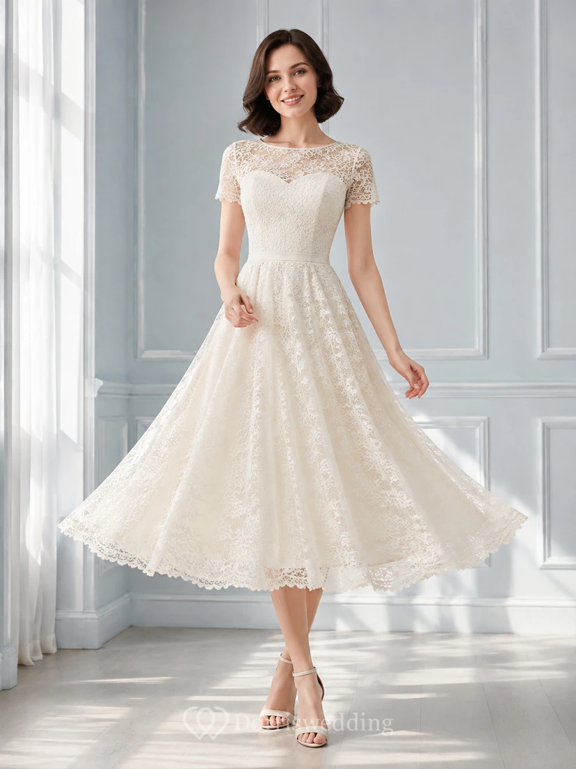 Vestido de noche de corte A hasta la rodilla con escote corazón, mangas ilusión, encaje, tul y cremallera, estilo barco color champán.