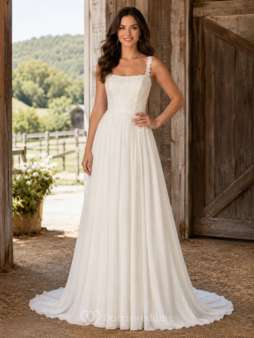 Robe de mariée champêtre en mousseline, col carré, bretelles en dentelle, coupe trapèze, bretelles en dentelle, style champêtre