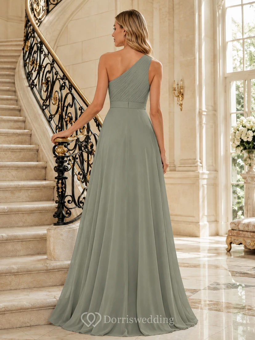 Mansion Formal Sage Simple Elegant A-Line Chiffon Bridesmaid Dress with One-Shoulder Sleeveless Floor-Length Pleated Open Back view 2