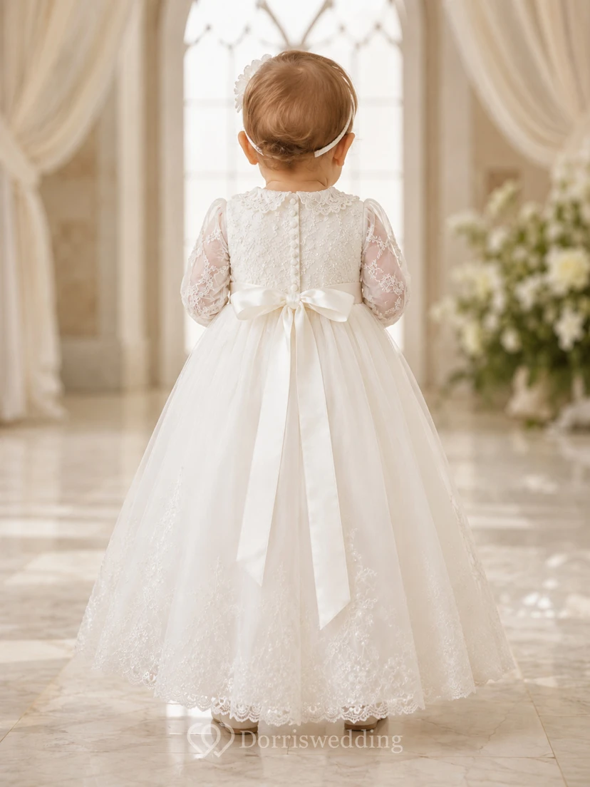 Zartes, perlenbesetztes Taufkleid für Babys in A-Linie mit langen Ärmeln aus Tüllspitze view 2