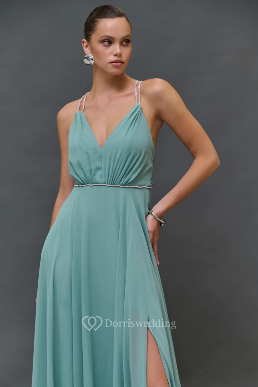 Spaghetti-Empire-Chiffonkleid in Bodenlänge mit Perlenstickerei view 3
