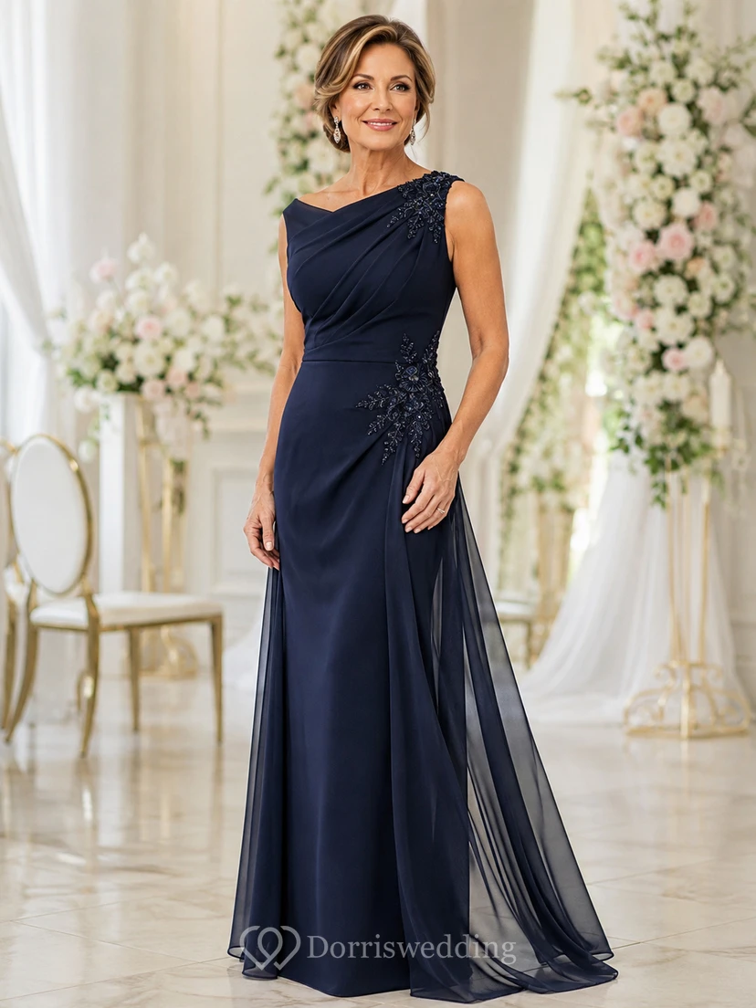 A-Linien-Chiffonkleid mit einer Schulter und Perlenstickerei für die Mutter