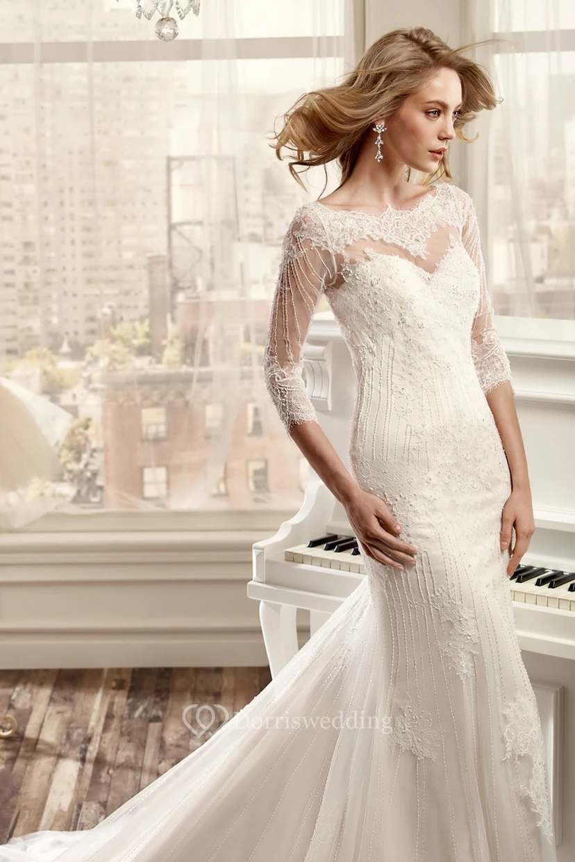 Sheath Beaded Bateau Long 3-4-Sleeve Tulle Wedding Dress With Appliques And Illusion Back view 3