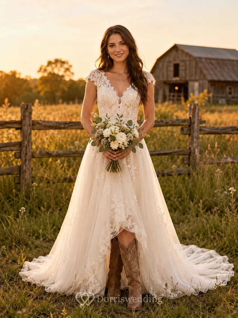 Rustic Country Boho Romantic A-Line Lace Tulle Wedding Dress with V-Neck Spaghetti Straps Sleeveless Floor-Length Train Split Skirt Low Back Deep V Detail