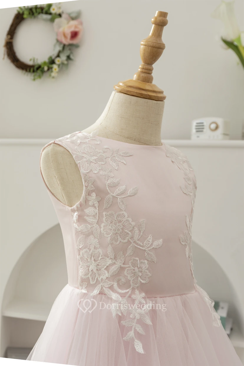 Bateau-neck Sleeveless Tulle A-line Layered Ruffled Applique Flowergirl Dress view 7