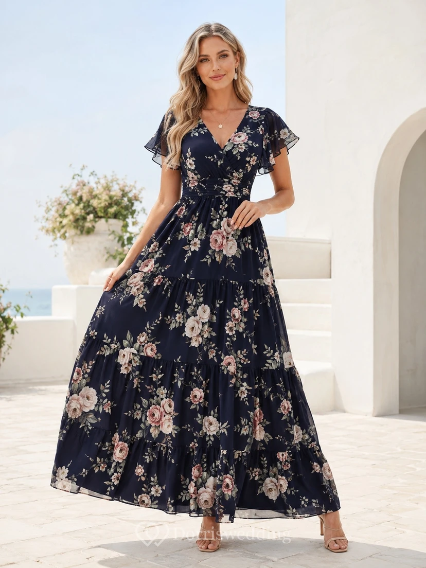 Dark Navy Floral Chiffon V-neck Short Sleeve Tiered Maxi Dress