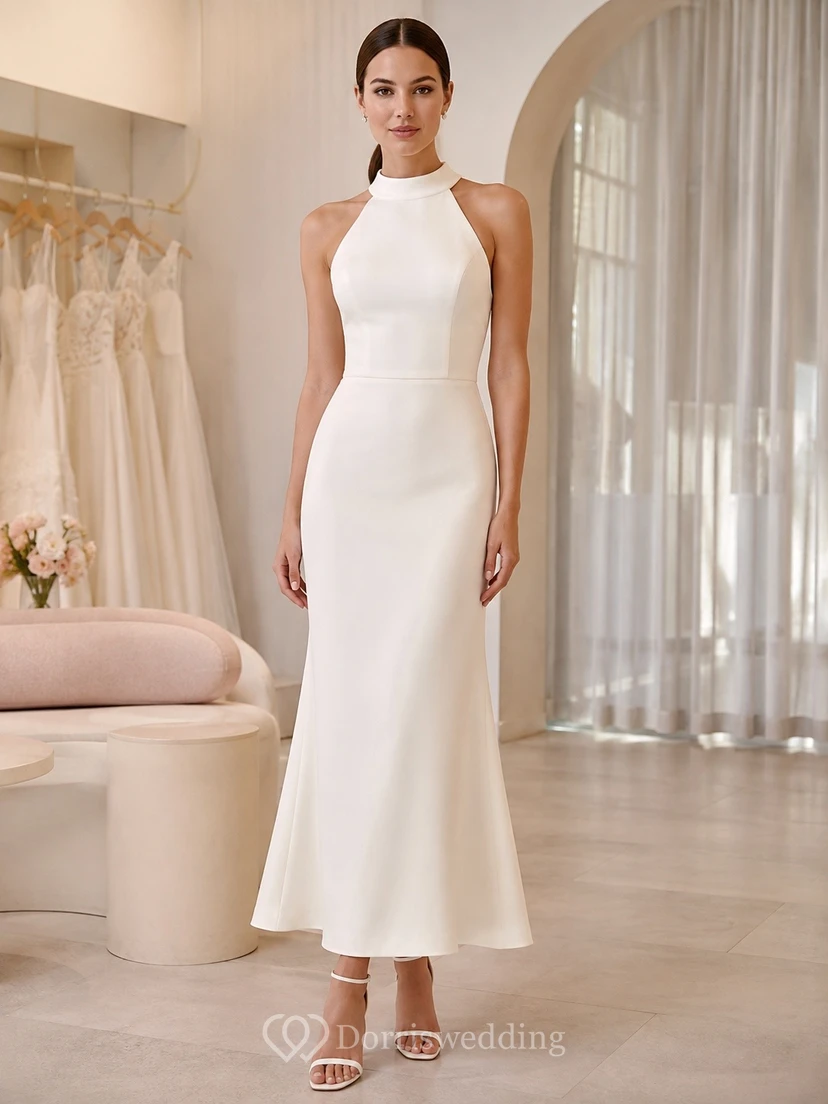 Vestido de novia de gasa estilo sirena moderno sin mangas con escote halter para juzgado civil